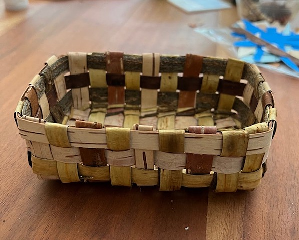 Peeled willow bark and birch bark small rectangular basket