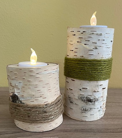 Birch bark log with battery candle with twine