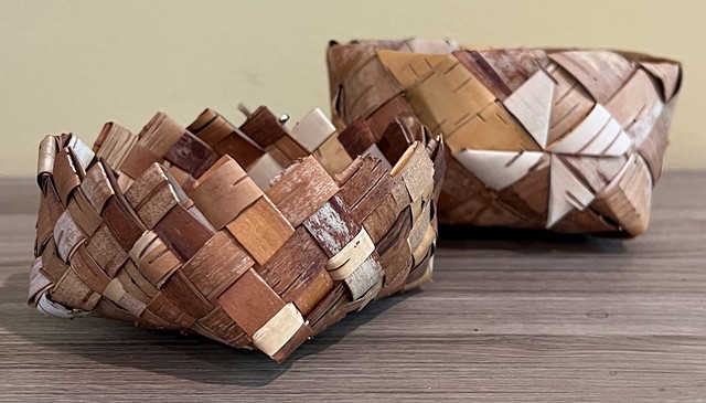 Round birch bark woven baskets