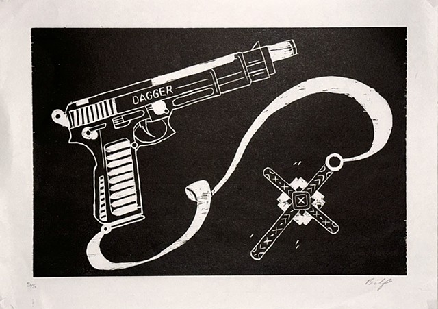 Print depicting a gun with the word dagger on the side that is attached to a cross.