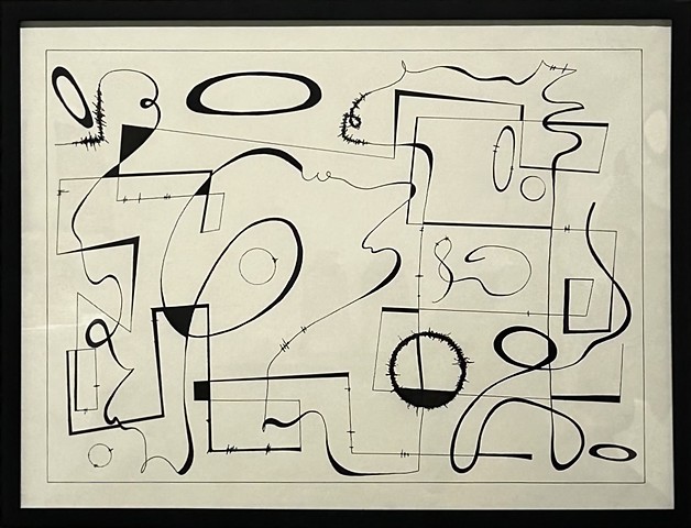 Drawing of abstract black lines and shapes.