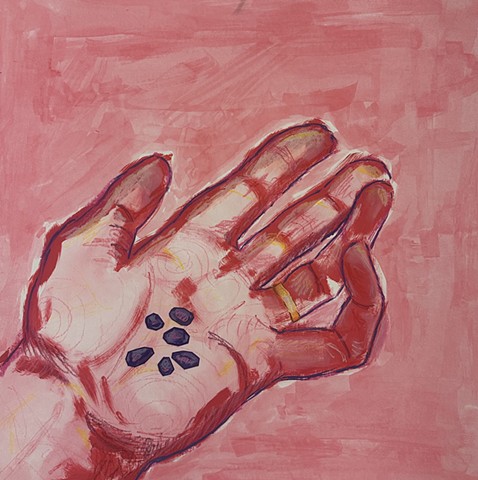 Painting showing a hand with a wedding ring and holding six pomegranate seeds.