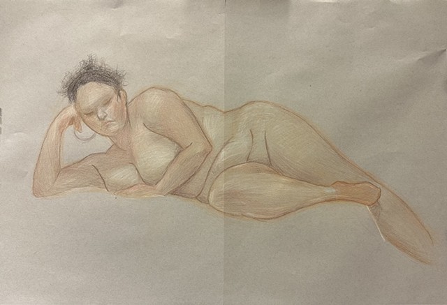 Drawing shows a nude figure wearing an orange sock.