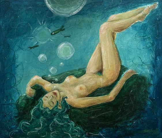 Painting showing a nude sea-creature lady relaxing on a rock underwater.