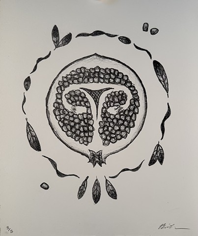 Print showing a pomegranate half with an image of the uterus making up the fruit’s mesocarp.