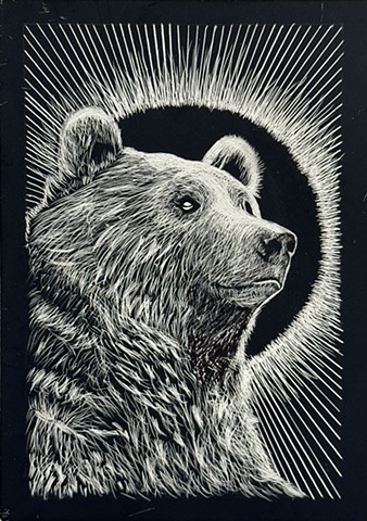 Scratchboard image of bear.