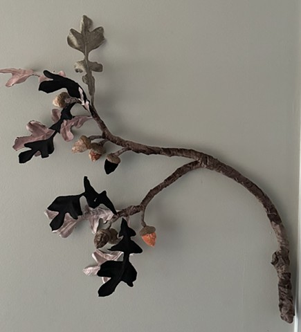 Oak Branch, silk, paper, acorn caps