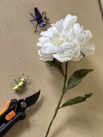 Bomb Peony Still Life, paper, silk, thread