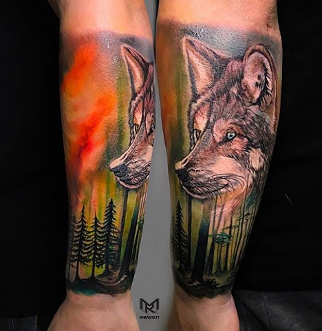 Wolf and Forest Tattoo