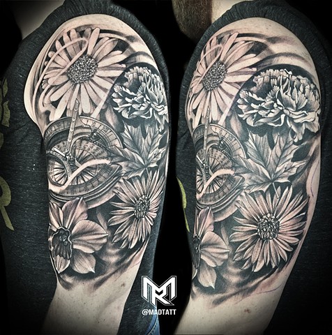 Custom Time and Floral Family Tattoo