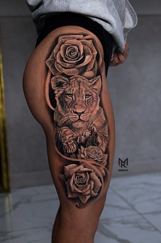 Lioness and Roses