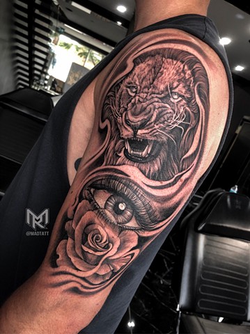 Custom Lion and Rose Tattoo