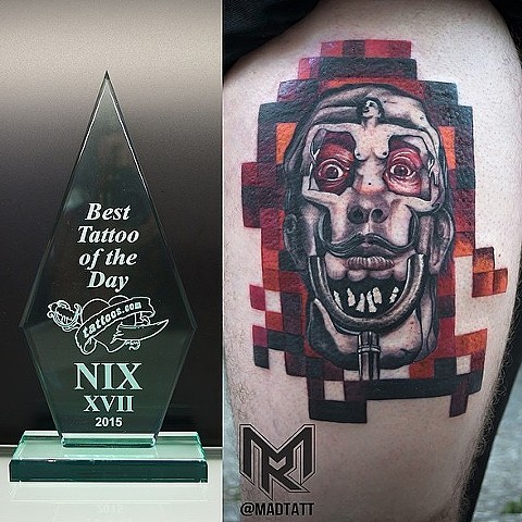 I won Tattoo of the Day!!!!! I can't thank Nick Rodriguez enough for giving me his thigh to be able to create this badass tattoo. Thank you to the judges for choosing my piece out of all the amazing tattoos that were brought to them.