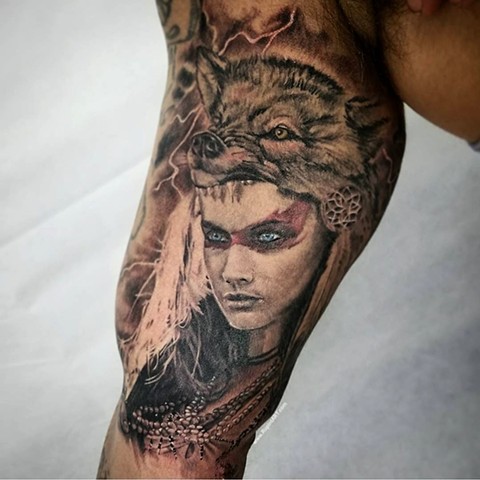 Native American girl with wolf headdress