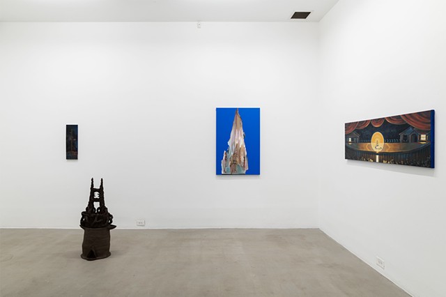 Image also includes paintings by Mario Saponaro (very left and very right) and a ceramic piece by Brooke Schneider