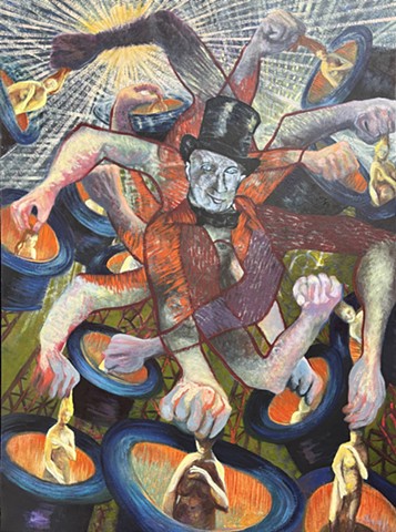 A central male figure with a top hat and many whirling arms pulls multiple nude female figures out of top hats.