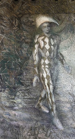 Harlequin, the Comedia del Arte character strides forward