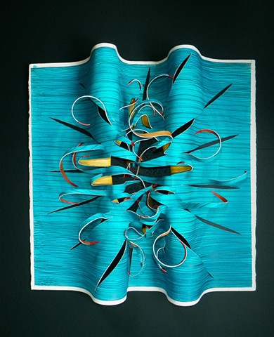 A contemporary wall sculpture made with cut and unfolded paper