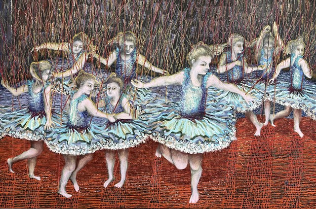 Seven little girl ballerinas dance controled by a tangle of strings