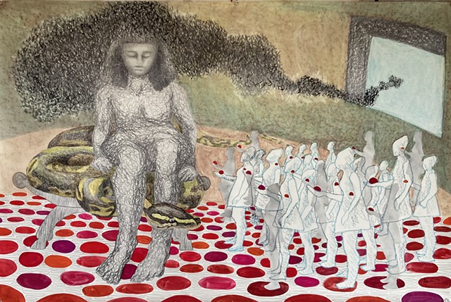 Drawing of a large female figure sitting on a boa constrictor while smaller figures each offer a single apple