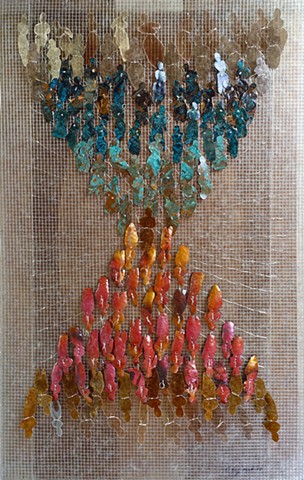 A contemporary wall sculpture with mica and sheet copper figures patinated in blue and red
