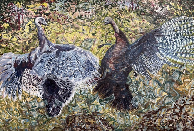 Two American Turkeys fighting each other in a forest with dollar bills flying up from the leaf litter