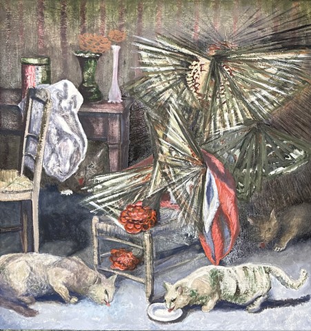 The Thérèse figure of Balthus paintings sits as if turned to moths fluttering violently while four cats prowl.