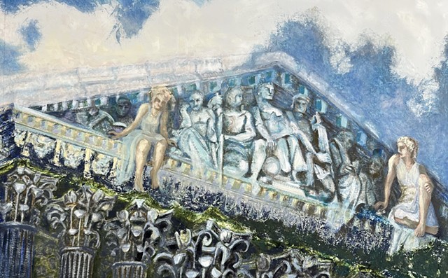 Two female figures sit on the edge of a pediment with the carved statuary and columns behind and below them. The pediment belongs to the Supreme Court building in Washington DC USA