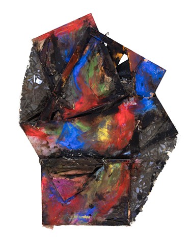 Sacred and Profane 2007 oil, dry pigment, roof tar,  fragmented mirror, chicken wire, grouting, wire, wood, canvas 62in x 43in longest to widest