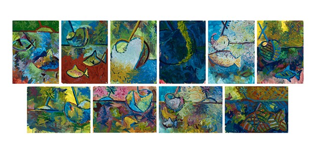 Boat, Fish, Island 1999 acrylic on stonehenge 54in x 142in