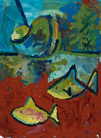Boat, Fish, Island 1999 acrylic on stonehenge 30in x 22