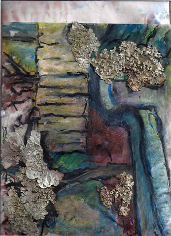 Discharge documents ( psych ward courtyard Vero Beach) 2011 oil pastel, lichen(?) on paper 8.5 x 11