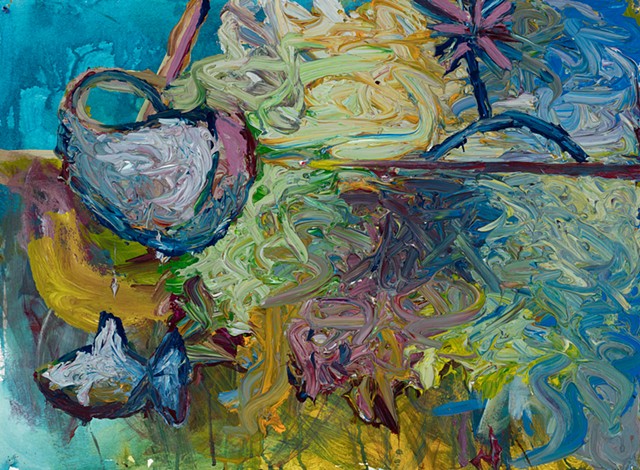 Boat, Fish, Island 1999 acrylic on stonehenge 22in x 30in