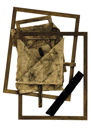 construction 1987 charcoal, dirt on canvas, wood, charred wood, stone 32in x 24in approx.  