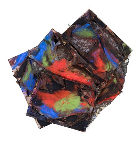 Sacred and Profane 2007 oil, dry pigment, roof tar,  fragmented mirror, chicken wire, grouting, wire, wood, canvas 50in x 48in longest to widest 