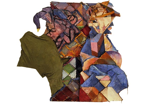 Jonathan construction 1987 charcoal, acrylic, oil, dyed cloth, on cnavas and paper 48in x 48in approx. 