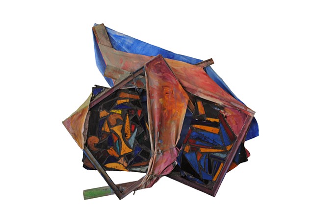 Harford Stained Glass 2003 oil, stained glass, cardboard, wood, canvas, rope, wire 55in x 50in longest to widest