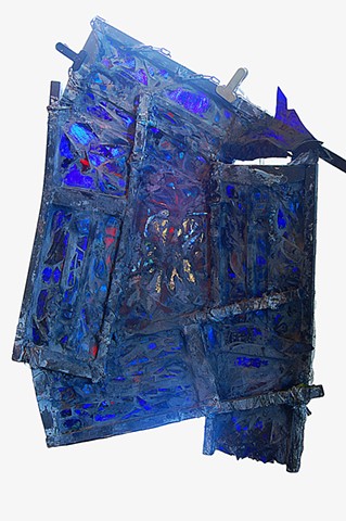 Calvert Street Stained Glass 2002, stained glass, grouting, chicken wire, wood, chain, wire, rope, plastic 59in x 46in 