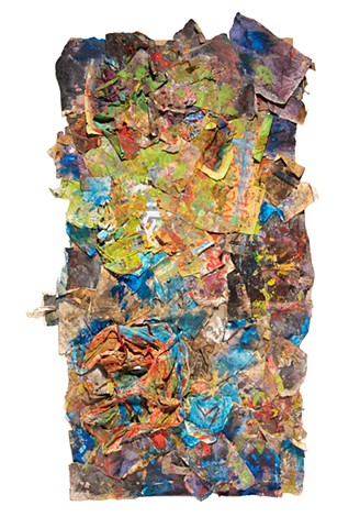 Psychosis 2008-2018 wax, acrylic, oil, sharpie, dirt, charcoal, cloth, tape, diplomas, on paper, cardboard and  96in x 48in