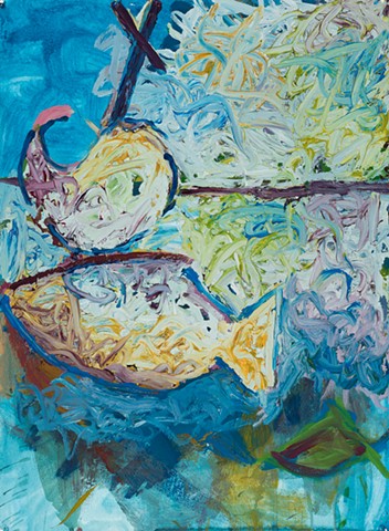 Boat, Fish, Island 1999 acrylic on stonehenge 30in x 22