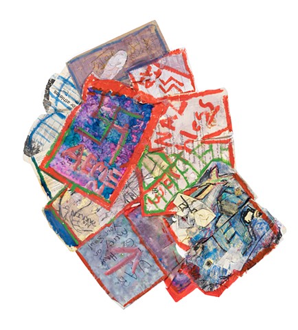 Psychosis Collage 2011 acrylic, sharpie, oil pastel, pen, graphite on paper, diploma,  and cardboard 41in x 31in 