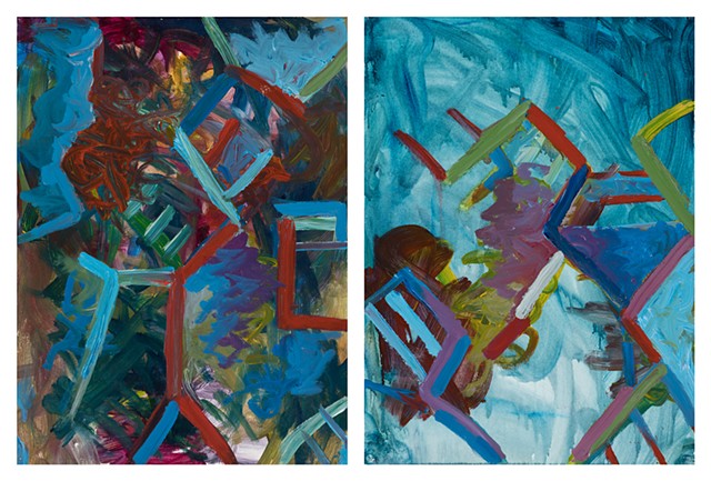 Diptych H & H Camping Building 2000 acrylic on stonehenge 30in x 46in