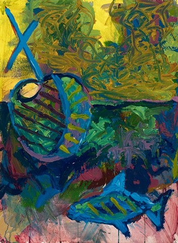 Boat, Fish, Island 1999 acrylic on stonehenge 30in x 22in