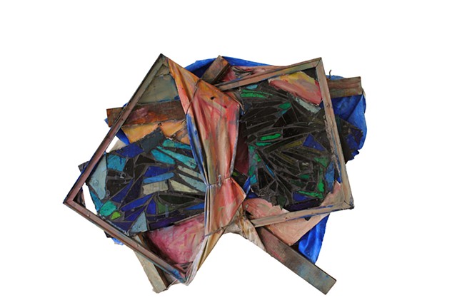 Harford Stained Glass 2003 oil, stained glass, cardboard, wood, canvas, rope, wire 67in x 40in longest to widest