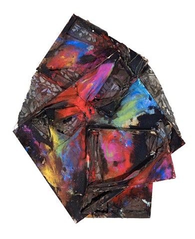 Sacred and Profane 2007 oil, dry pigment, roof tar,  fragmented mirror, chicken wire, grouting, wire, wood, canvas 60in x 42in longest to widest