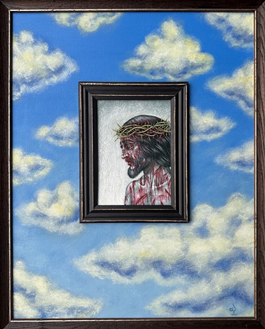A painting of Jesus Christ in a state of being beaten before crucifixion. The framed painting of Jesus is pasted on a larger painting of a blue sky with clouds, representing hope. 
