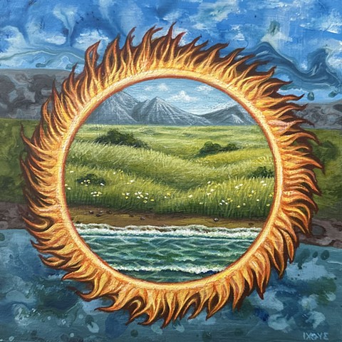 A painting of a ring of fire creating a portal between the physical realm and the spirit realm. The outside of the portal is a very messy landscape, while the inside of the portal is the same landscape but crisp and beautiful. The landscape is depicting a field of grass, with ocean in the foreground and mountains in the background. 