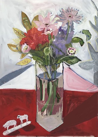 Plastic flowers with plastic sheep