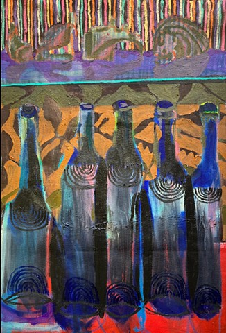 Blue bottles, glass shelf