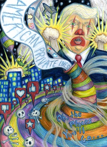 In 2018, during Trump's first term, these years were formative for me at the ages of 18-20, and I often used art as an outlet for pain, emotional stress, and as a means to understand the world changing around me. In Greed We Trust examines the politics of 2018 that normalized violence, racism, and corporate greed. Blending pop-art and surrealism, I used Dr. Suess’s Oh The Places We’ll Go to symbolize the racist landscape we are currently witnessing (Suess has used racist imagery in his illustrations), emphasizing the issue of selling personal data through social media apps and media addiction, touching on violence overseas, pollution, and climate change.